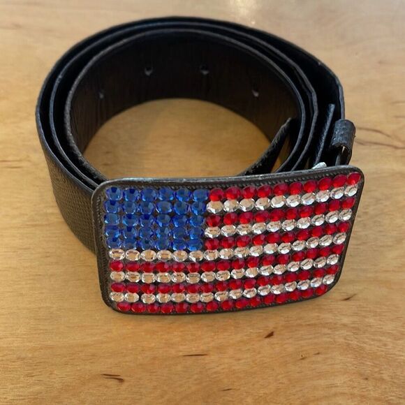 Kathe Helander Womens Crystal American Flag Buckle Leather Belt Black‎ main image 4